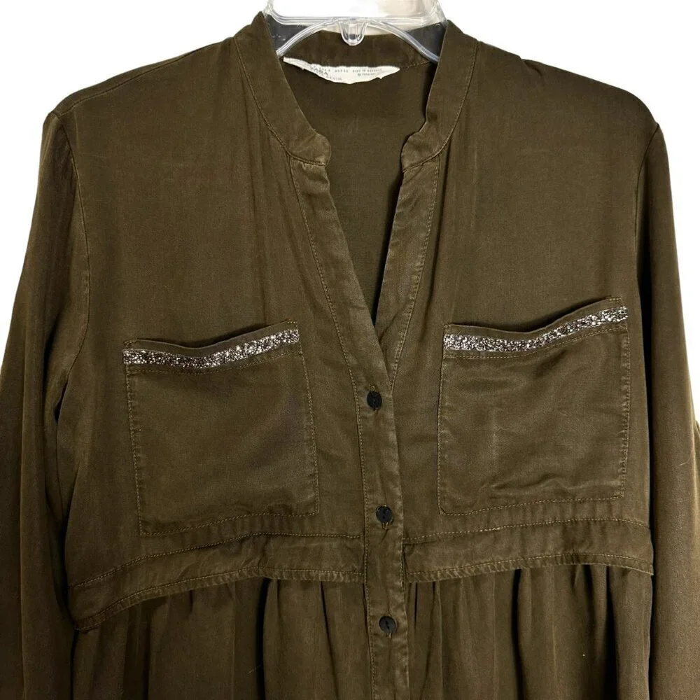 Zara Olive Green Beaded Shirt Dress Long Sleeve Utility Chic Size S - Picture 3 of 12
